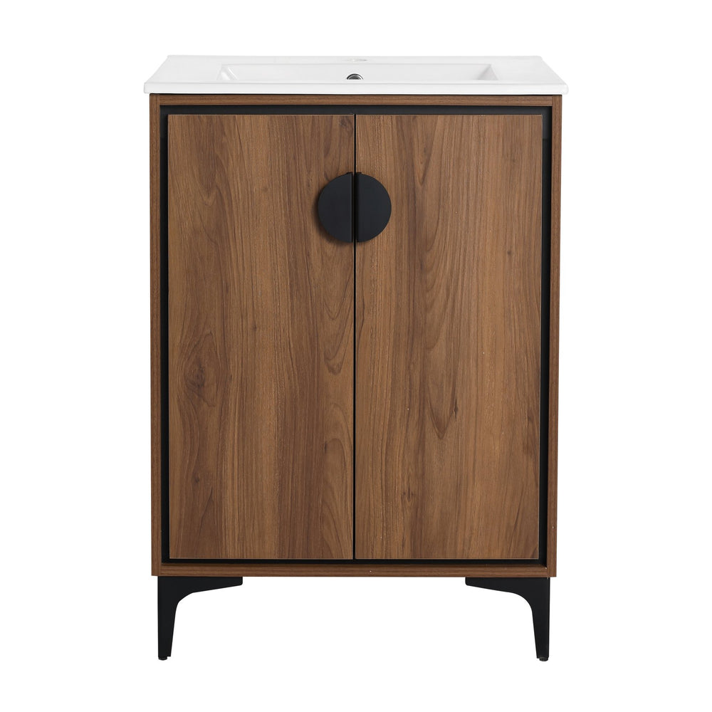 English Elm 24'' Modern Brown Bathroom Vanity with Drop-In Ceramic Sink, Engineered Wood, Soft-Close Doors, Ample Storage W1972S00001