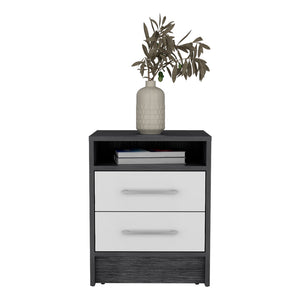 English Elm Nightstand With Two Drawers In Smokey Oak And White Finish - Modern Storage Solution For Your Bedroom B092122882