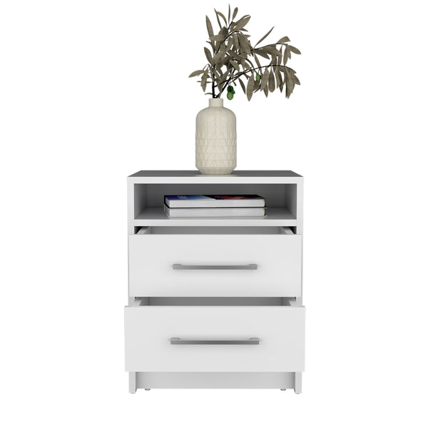 English Elm Nightstand With Two Drawers And Open Shelf, Modern White Finish For Stylish Bedroom Storage Solutions B092123038
