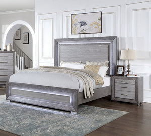 English Elm Gray Nightstand with USB-C & 2 USB-A Ports, 3-Drawer Solid Wood Bedside Table, Felt-Lined Top, Metal Legs, Bar Handles, Transitional Design B011P165672