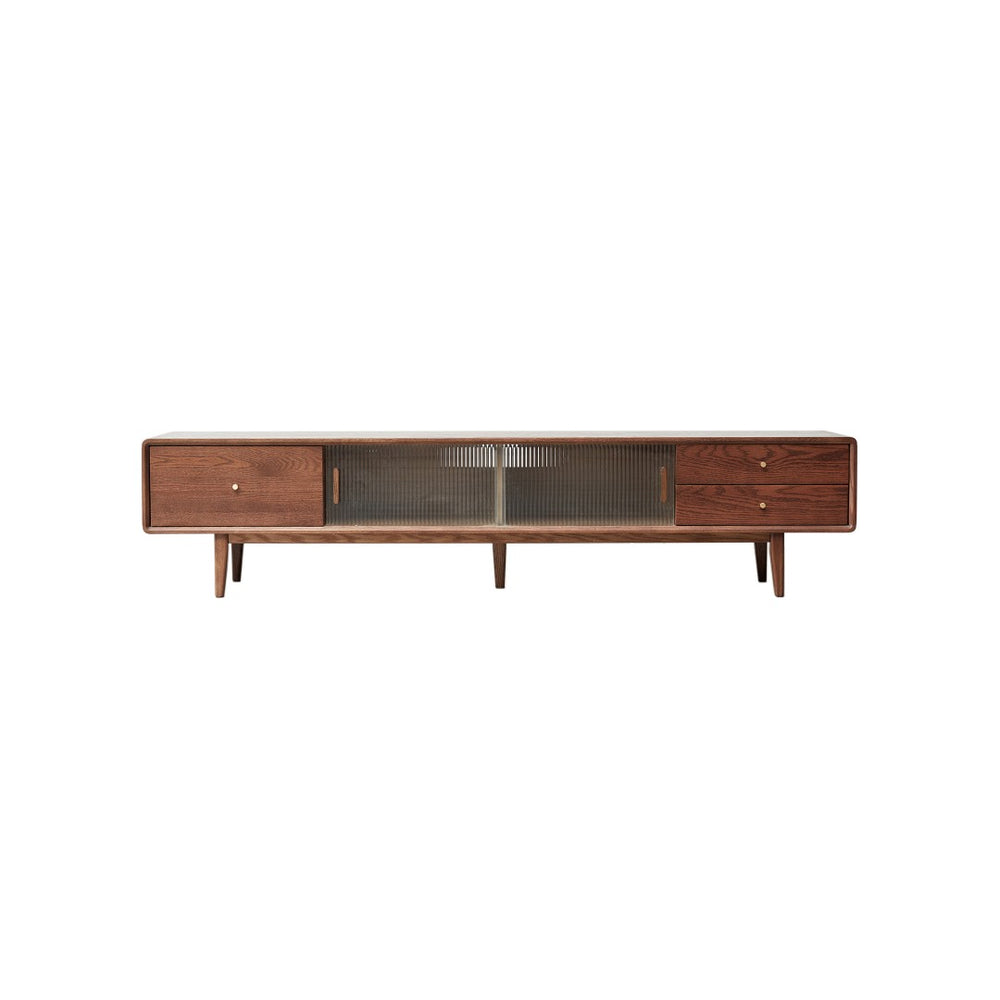 English Elm Walnut Finish Solid Red Oak Media Console with Glass Doors and Two Drawer Storage W1283130091