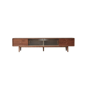 English Elm Walnut Finish Solid Red Oak Media Console with Glass Doors and Two Drawer Storage W1283130091