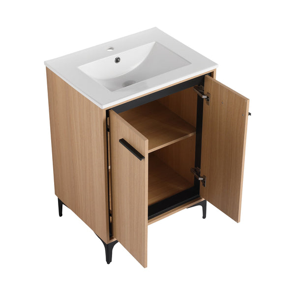 English Elm 24 Inch Oak Bathroom Vanity Base with Basin — Engineered Wood, Double-Door Storage, Minimalist Chic W1972S00003