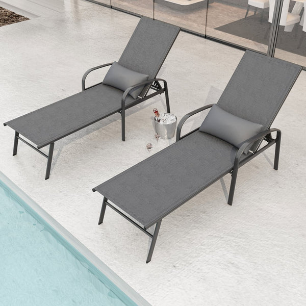 English Elm 2 Pieces Set Outdoor Patio Lounge Gray with Pillow – Teslin Waterproof Recliner, 5-Position Steel Frame, Lumbar Support W400S00035