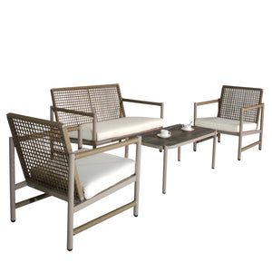 English Elm 4 Piece Patio Rattan Set with High-Rebound Cushions and Wood-Grain Tempered Glass Tabletop, Stylish Outdoor Conversation Sofa for Garden Balcony Poolside White+Natural W2337S00002