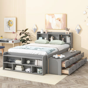 English Elm Full Storage Bed With Bookcase Headboard, Under-Bed Drawers & Stylish Grey Finish For Small Spaces W504S00126