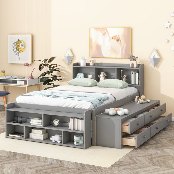 English Elm Full Storage Bed With Bookcase Headboard, Under-Bed Drawers & Stylish Grey Finish For Small Spaces W504S00126