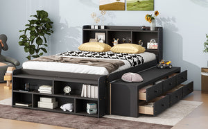 English Elm Full Bed With Stylish Bookcase Headboard, Under-Bed Drawers & Bed-End Storage Case In Espresso Finish W504S00128