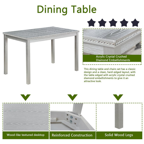 English Elm 5 Piece Elegant Wooden Dining Set With Crystal Accents, Rectangular Table & 4 Comfortable Chairs W1998S00048