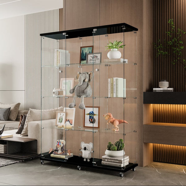 English Elm Glass Display Cabinet With 4 Shelves - Elegant Black Curio For Living Room, Office, Quick Setup! W1806S00019