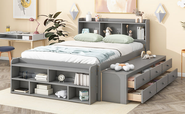 English Elm Full Storage Bed With Bookcase Headboard, Under-Bed Drawers & Stylish Grey Finish For Small Spaces W504S00126