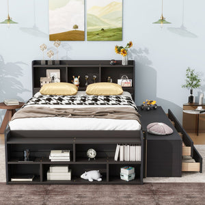 English Elm Full Bed With Stylish Bookcase Headboard, Under-Bed Drawers & Bed-End Storage Case In Espresso Finish W504S00128