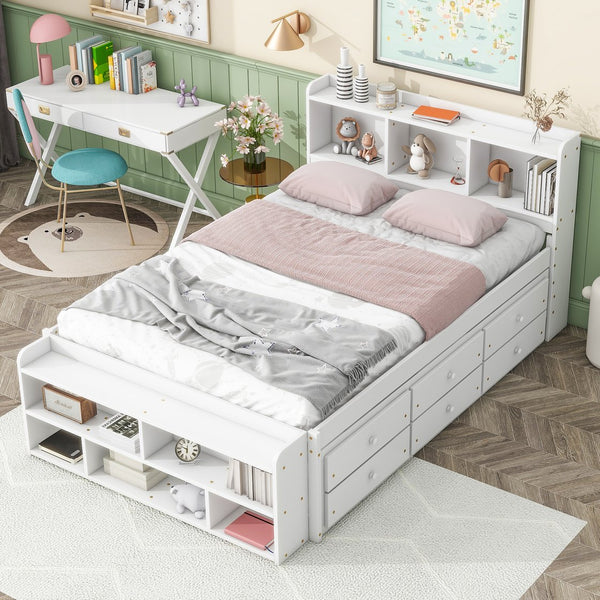 English Elm Full Bed With Bookcase Headboard & Storage Drawers - Stylish, Space-Saving Design In White Finish W504S00127