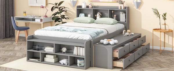 English Elm Full Storage Bed With Bookcase Headboard, Under-Bed Drawers & Stylish Grey Finish For Small Spaces W504S00126