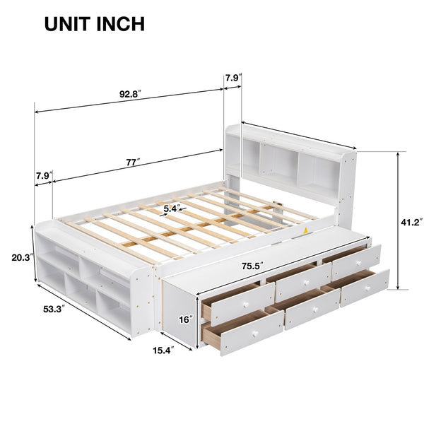 English Elm Full Bed With Bookcase Headboard & Storage Drawers - Stylish, Space-Saving Design In White Finish W504S00127