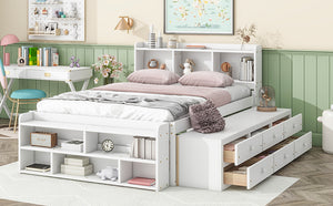 English Elm Full Bed With Bookcase Headboard & Storage Drawers - Stylish, Space-Saving Design In White Finish W504S00127