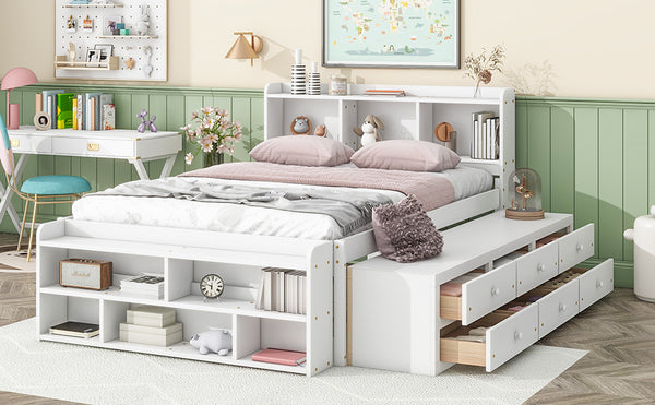 English Elm Full Bed With Bookcase Headboard & Storage Drawers - Stylish, Space-Saving Design In White Finish W504S00127