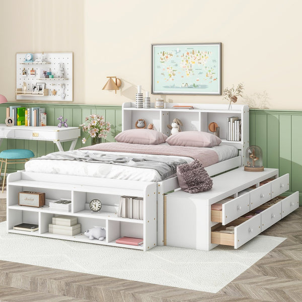 English Elm Full Bed With Bookcase Headboard & Storage Drawers - Stylish, Space-Saving Design In White Finish W504S00127