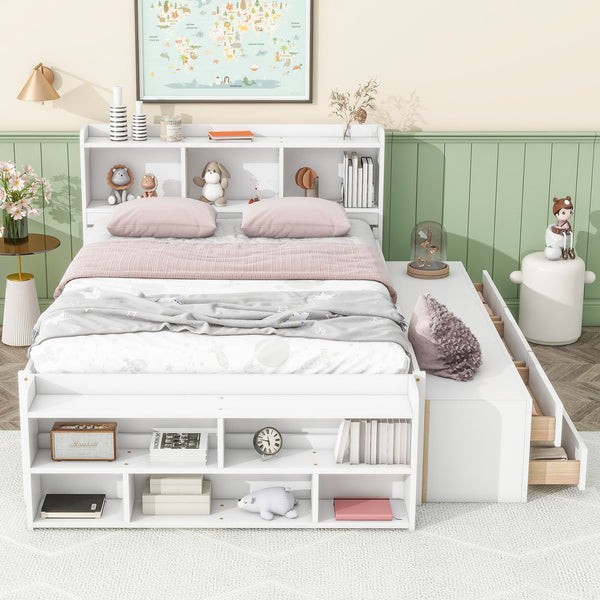 English Elm Full Bed With Bookcase Headboard & Storage Drawers - Stylish, Space-Saving Design In White Finish W504S00127