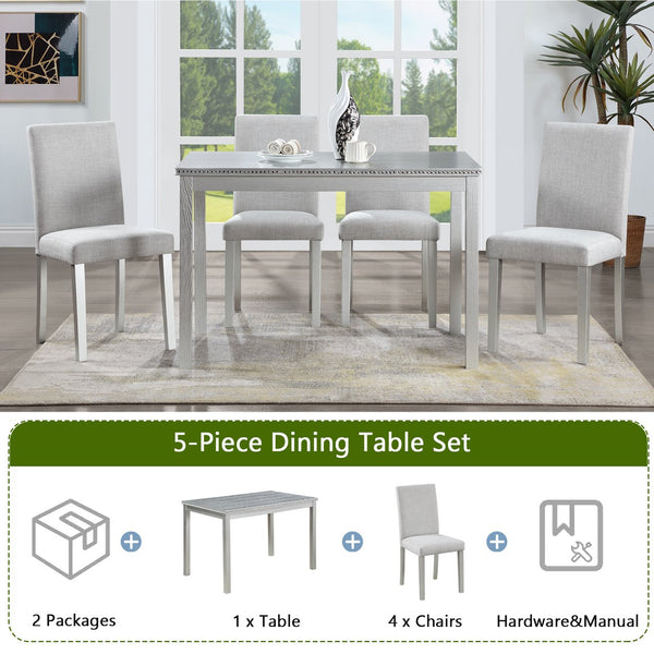 English Elm 5 Piece Elegant Wooden Dining Set With Crystal Accents, Rectangular Table & 4 Comfortable Chairs W1998S00048