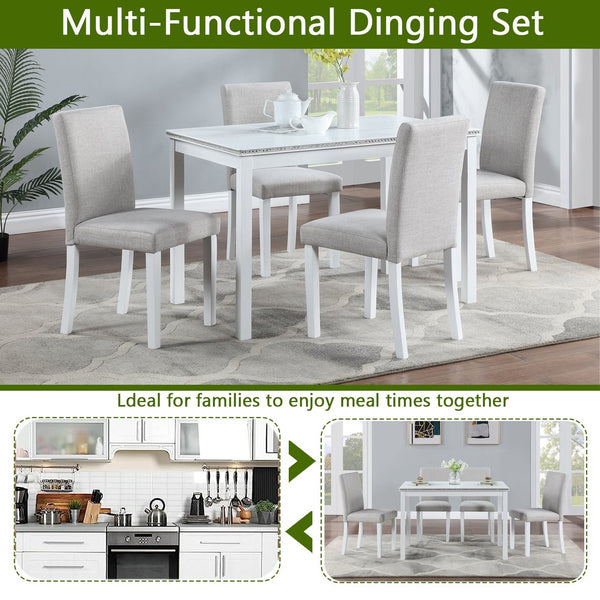 English Elm 5 Piece Wooden Dining Set - Elegant Rectangular Table & 4 Upholstered Chairs With Crystal Accents W1998S00049