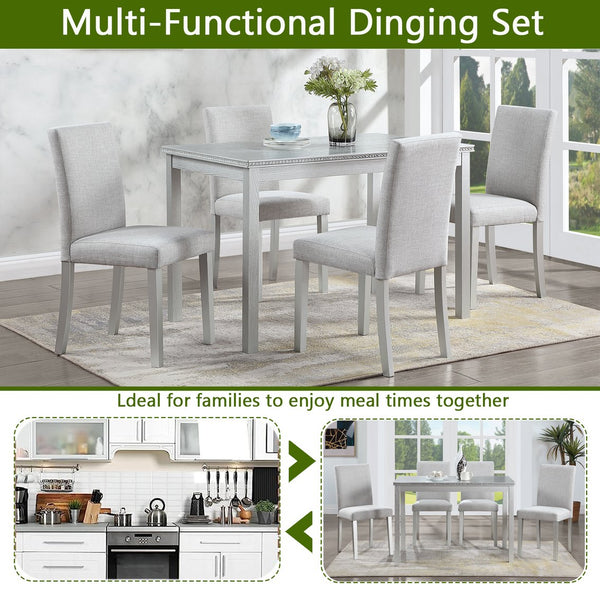 English Elm 5 Piece Elegant Wooden Dining Set With Crystal Accents, Rectangular Table & 4 Comfortable Chairs W1998S00048
