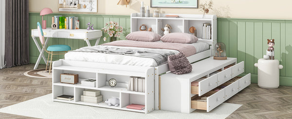 English Elm Full Bed With Bookcase Headboard & Storage Drawers - Stylish, Space-Saving Design In White Finish W504S00127