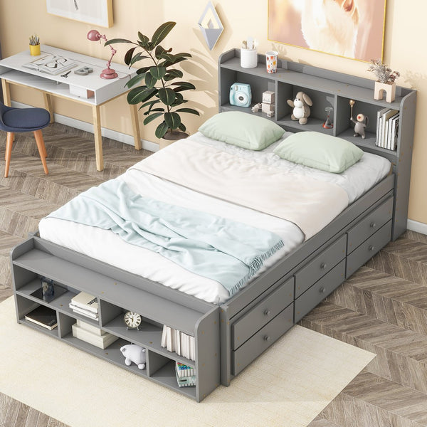 English Elm Full Storage Bed With Bookcase Headboard, Under-Bed Drawers & Stylish Grey Finish For Small Spaces W504S00126
