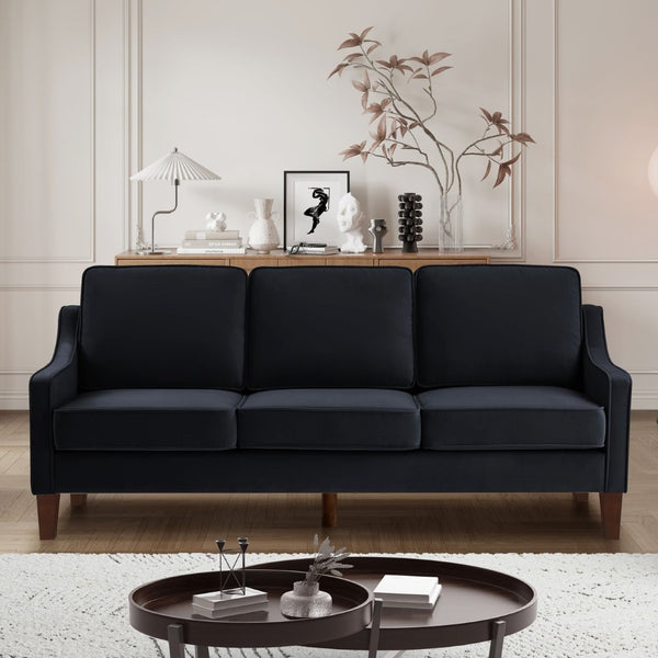 English Elm Modern Three Seat Velvet Sofa Scooped Armrests Tapered Wood Legs Living Room W2186P143472