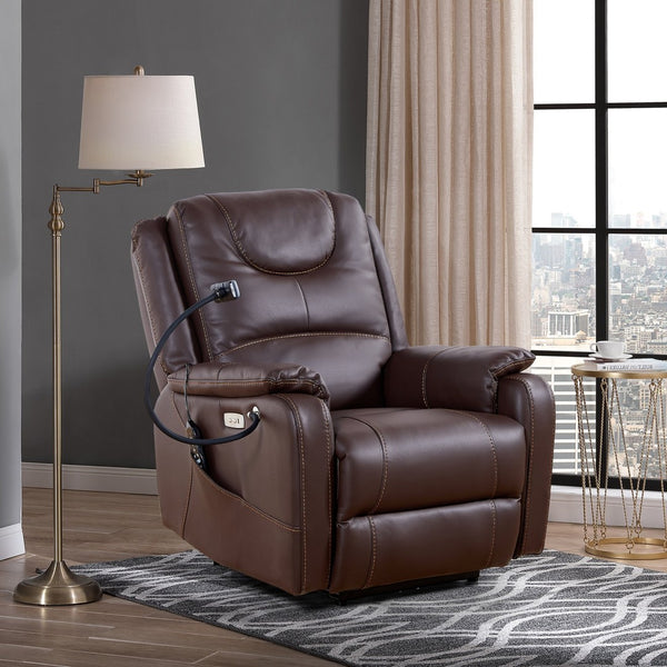 English Elm Liyasi Zero Gravity Power Recliner Eco Leather Massage Lumbar Heat Usb Charging Brown W820S00075