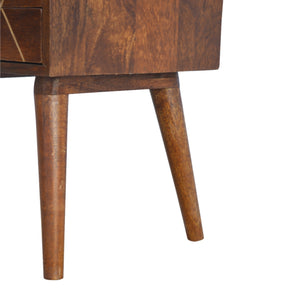 English Elm Geo Brass Inlay Bedside Chestnut with Gold Accents, 2-Drawer Nordic Legs Nightstand for Cozy Style B182P166486
