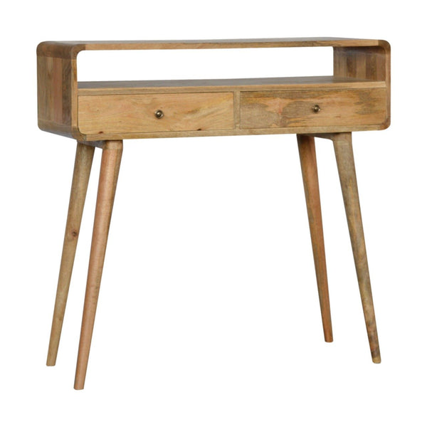 English Elm Curved Oak-Ish Console Table With Nordic Legs – Stylish 2-Drawer Storage For Modern Spaces B182P166497
