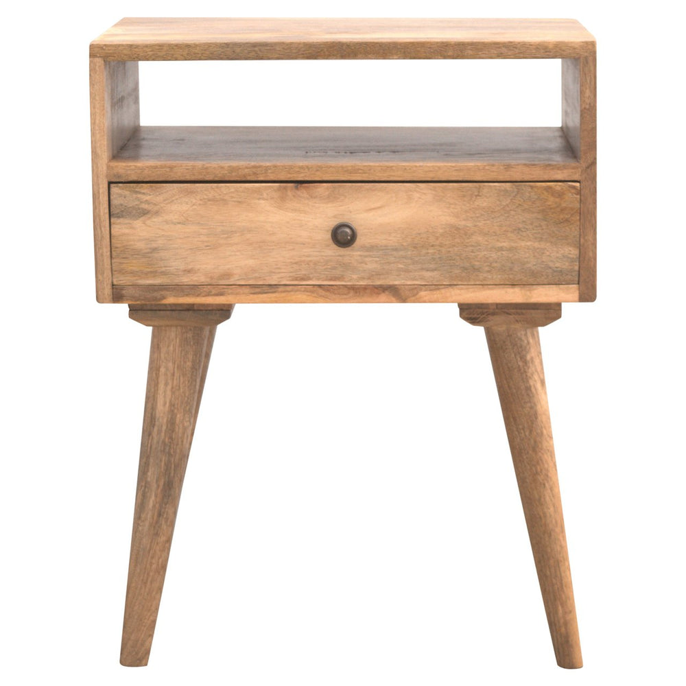 English Elm Modern Nightstand Solid Wood Oak Finish with Open Slot & Drawer, Nordic Legs, Compact Chic Design B182P166481