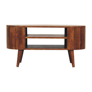 English Elm Solid Wood Cortez Chestnut media unit with 2 open shelves, Nordic legs, compact 39.4"L modern chestnut design B182P166601