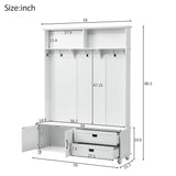 English Elm Modern Style Hall Tree With Storage Cabinet and 2 Large Drawers, Widen Mudroom Bench With 5 Coat Hooks, White