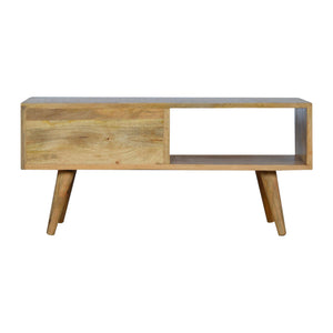 English Elm Pineapple Carve Oak Media Console with Rattan Accent, 1 Open Slot, Sliding Drawer, Nordic Legs B182P166493