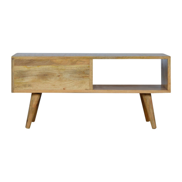 English Elm Pineapple Carve Oak Media Console with Rattan Accent, 1 Open Slot, Sliding Drawer, Nordic Legs B182P166493