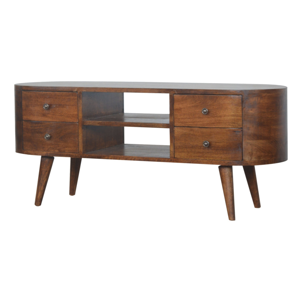 English Elm Chestnut Rounded Entertainment Unit With Nordic Legs, 4 Drawers & Open Slots For Stylish Storage B182P166512
