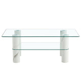 English Elm Modern Minimalist Double Layered Transparent Tempered Glass Coffee Table and Coffee Table, Paired With White Mdf Decorative Columns. Computer Desk. Game Table. Ct-X02