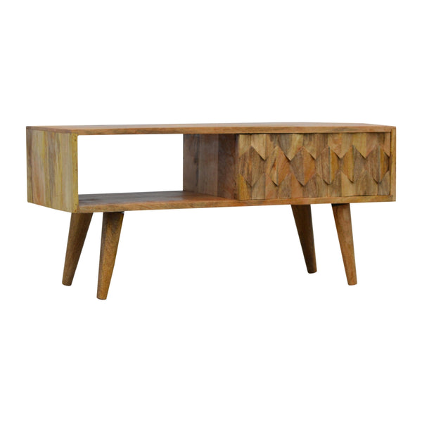 English Elm Pineapple Carve Oak Media Console with Rattan Accent, 1 Open Slot, Sliding Drawer, Nordic Legs B182P166493