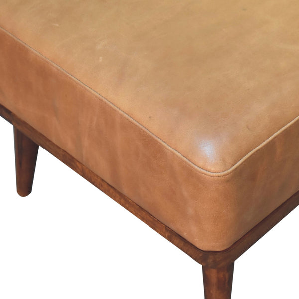 English Elm Tan Buffalo Leather Footstool Upholstered with Nordic Legs Chestnut Wood Accent Cozy Modern Chic 23.6"L B182P166630