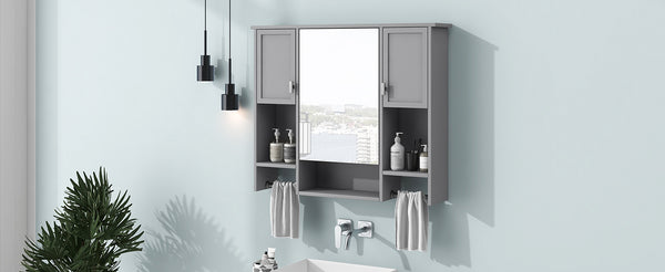 English Elm 35'' Modern Wall-Mounted Medicine Cabinet with Mirror, Ample Storage, Adjustable Shelves & Towel Bar Grey WF317173AAE