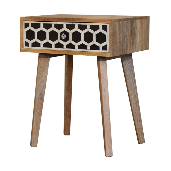 English Elm Bone Inlay Tapered Nightstand Oak with 1 Drawer and Nordic Legs — Solid Wood, Clean Lines, Cozy Chic B182P166557