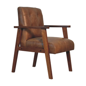 English Elm Brown Buffalo Leather Chair - Chestnut Solid Wood Accent Seat, Timeless Elegance, Cozy Contemporary Style B182P166663