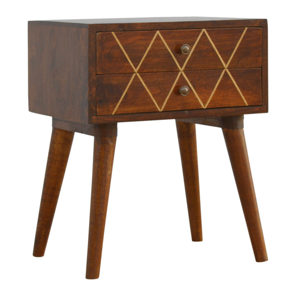 English Elm Geo Brass Inlay Bedside Chestnut with Gold Accents, 2-Drawer Nordic Legs Nightstand for Cozy Style B182P166486