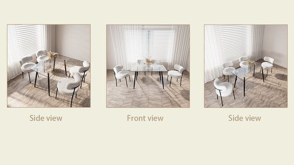 English Elm 51.2'' Dining Table Set With Black Metal Legs - Modern Glass Top & 4 Plush White Teddy Velvet Chairs W2189S00265