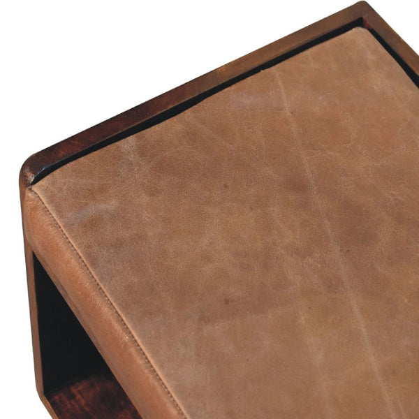 English Elm Solid Wood Chestnut Bench With Brown Leather Seat, Nordic Legs, Stylish & Versatile Home Accent B182P280812-GIGA