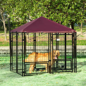 English Elm Pawhut Walk-in Steel Dog Kennel Outdoor with Canopy and Rotating Bowl Holders W2225P166430