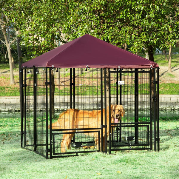 English Elm Pawhut Walk-in Steel Dog Kennel Outdoor with Canopy and Rotating Bowl Holders W2225P166430
