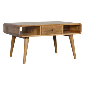 English Elm Curved Oak-Ish Coffee Table With 2 Drawers & Open Slots - Scandinavian Style For Modern Living Rooms B182P166496
